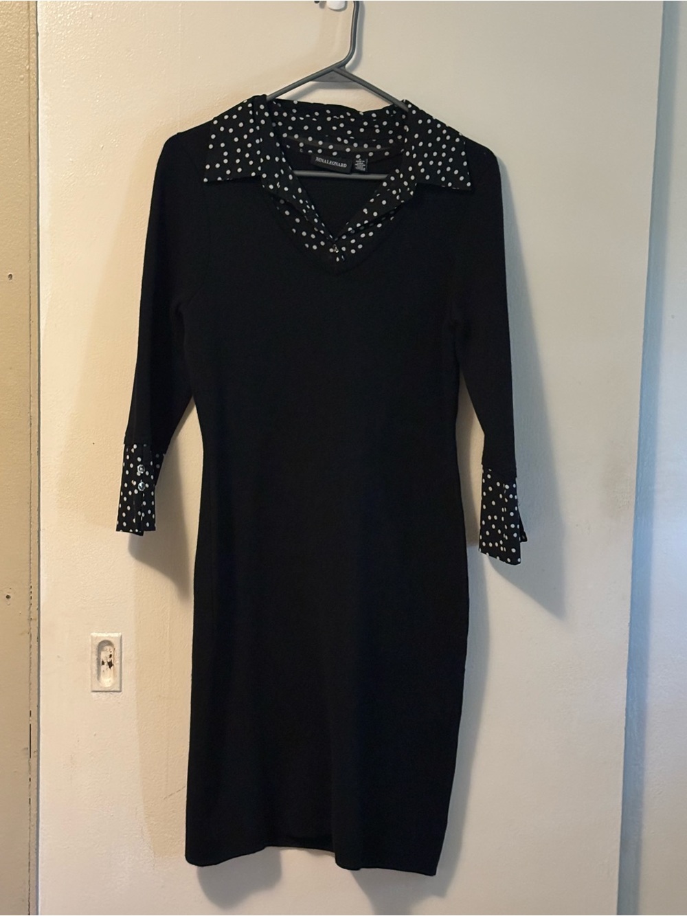 Nina Leonard Black Midi Dress with White Polka Dot Trim